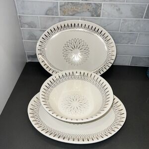 2 SCIO Fascination Oval PLATTERS, 1 SERVING BOWL Ivory/gold MCM Atomic Starburst